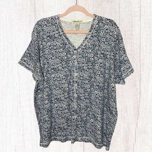 EDDIE BAUER Floral V-Neck Button Front Tee, XXL - Picture 2 of 8